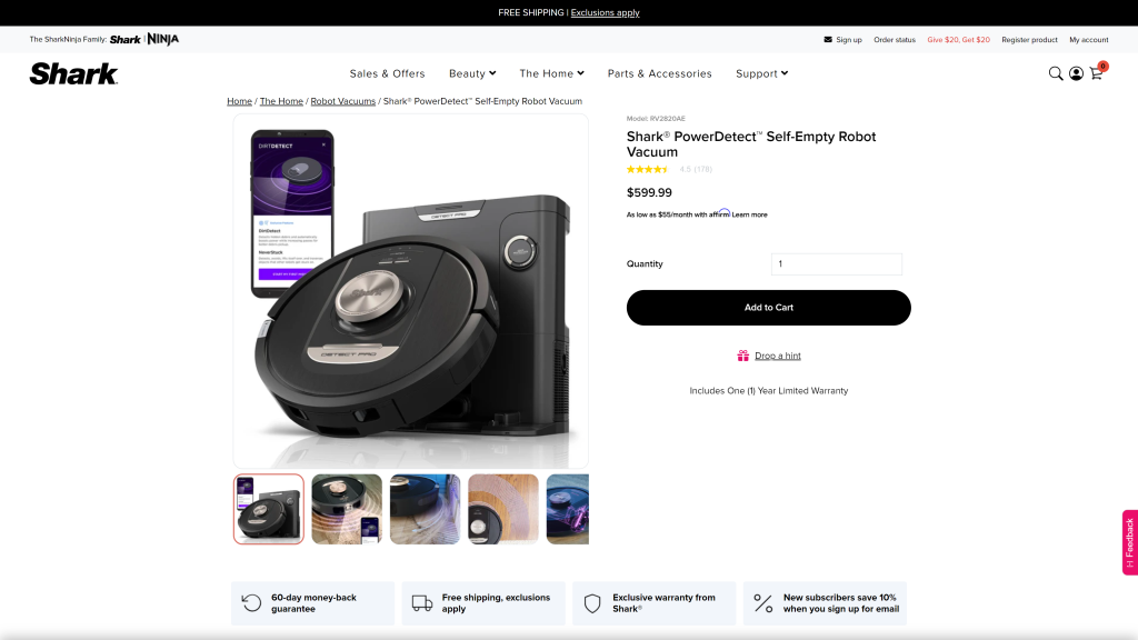 screenshot of the Shark AI Ultra Robot Vacuum best robot vacuum for hardwood floors homepage