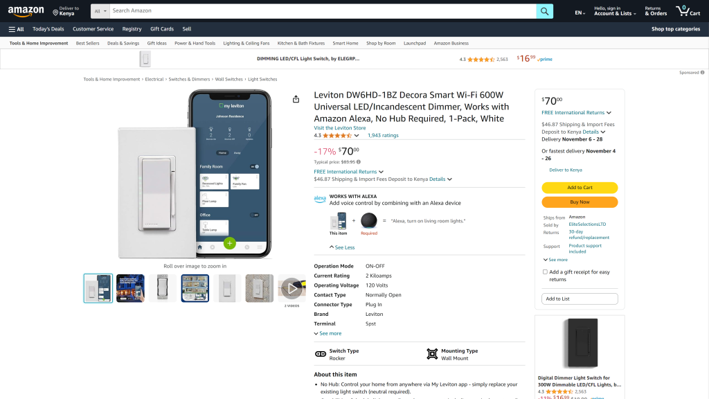 screenshot of the Leviton Decora Smart Wi-Fi Dimmer Switch (DW6HD) homepage