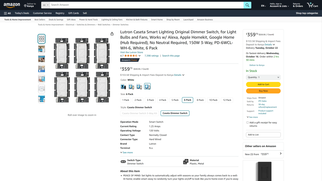 screenshot of the Lutron Caseta Wireless Smart Dimmer Switch homepage