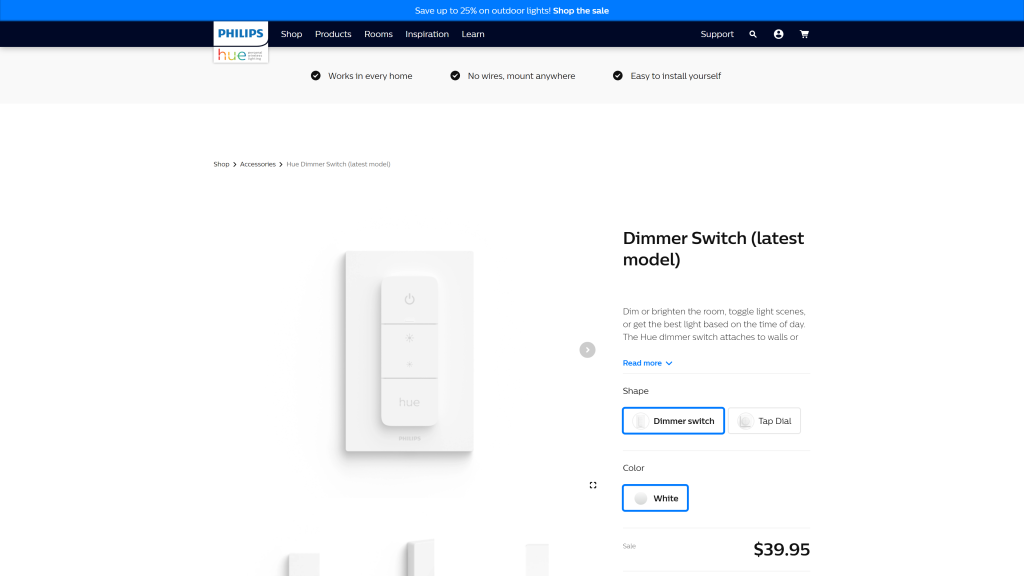 screenshot of the Philips Hue Smart Dimmer Switch homepage