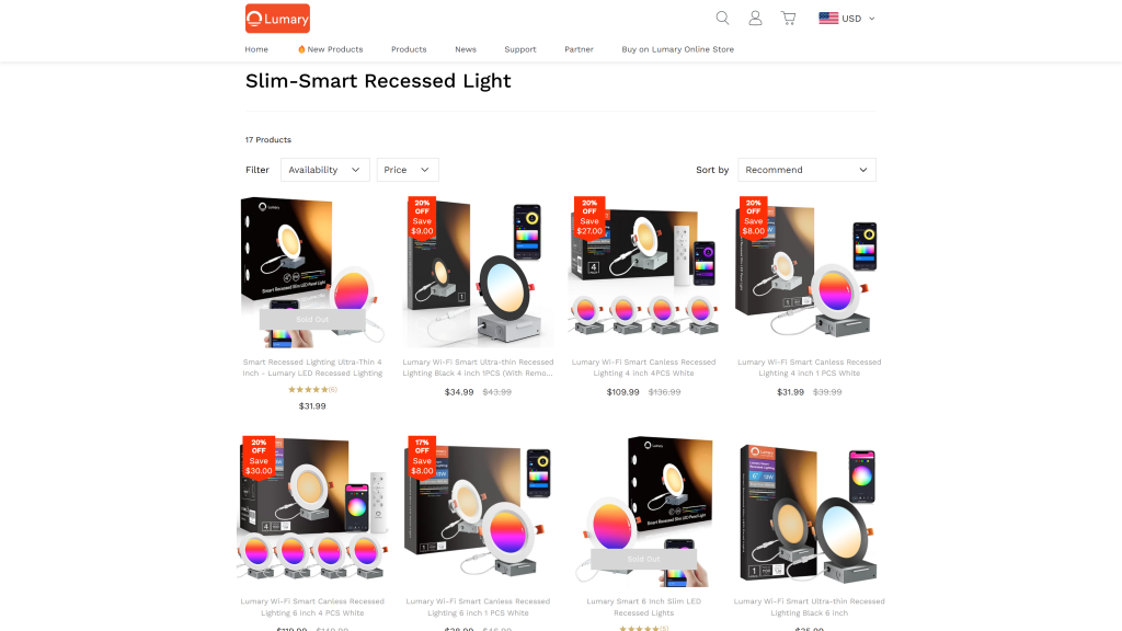 screenshot of the Lumary Smart Ultra-Thin Recessed Lighting homepage