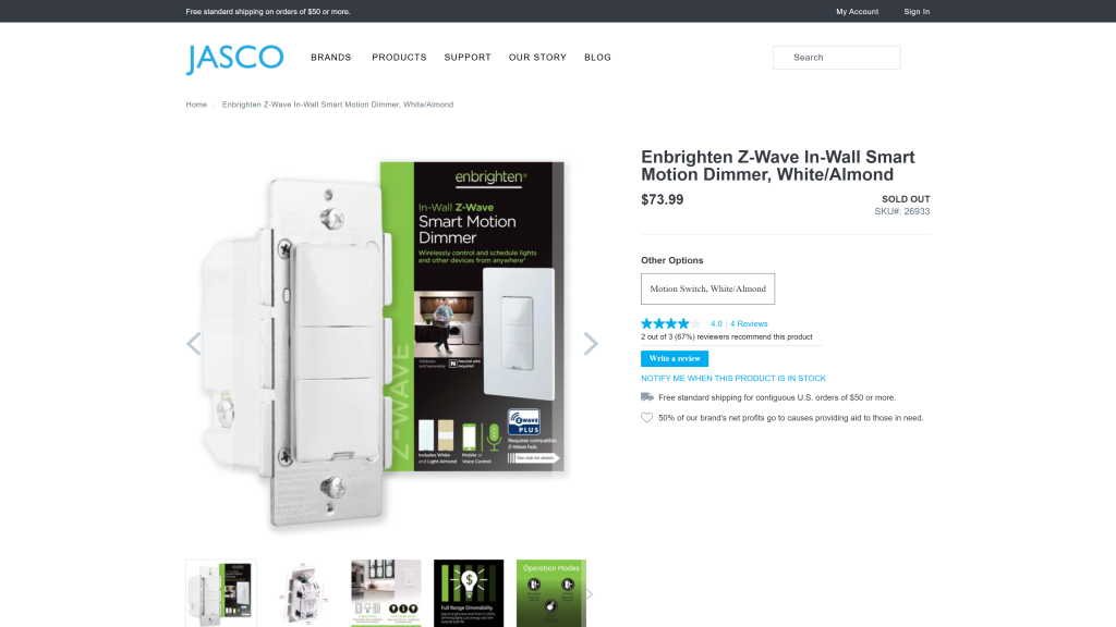 screenshot of the Jasco Enbrighten Z-Wave Plus Dimmer homepage