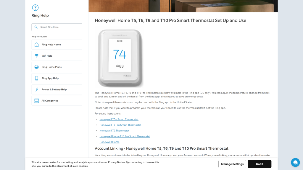 screenshot of the Honeywell T5. T5+ and T6 Thermostats homepage