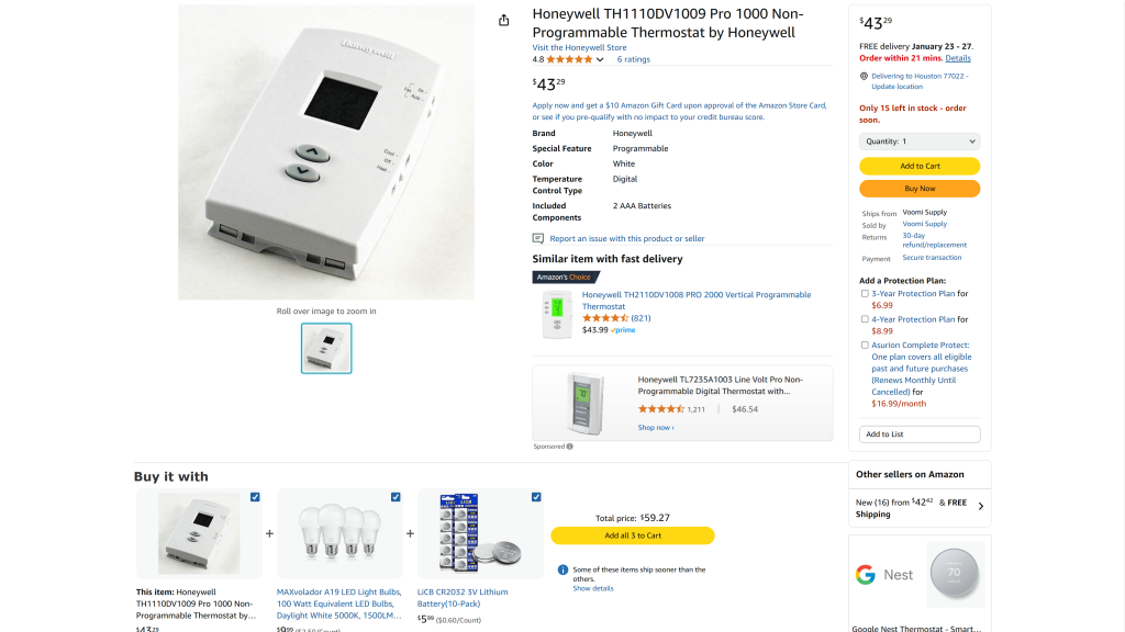 screenshot of the Honeywell Pro 1000 and 2000 Series/Battery-powered Honeywell thermostats homepage