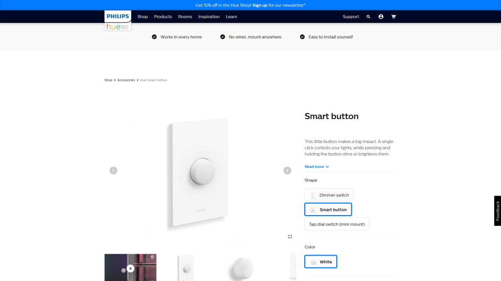 screenshot of the Philips Hue Smart Button smart light switch homepage