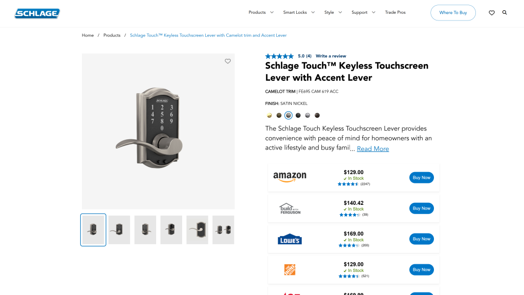 screenshot of the Schlage Touch Keyless Touchscreen Lever homepage