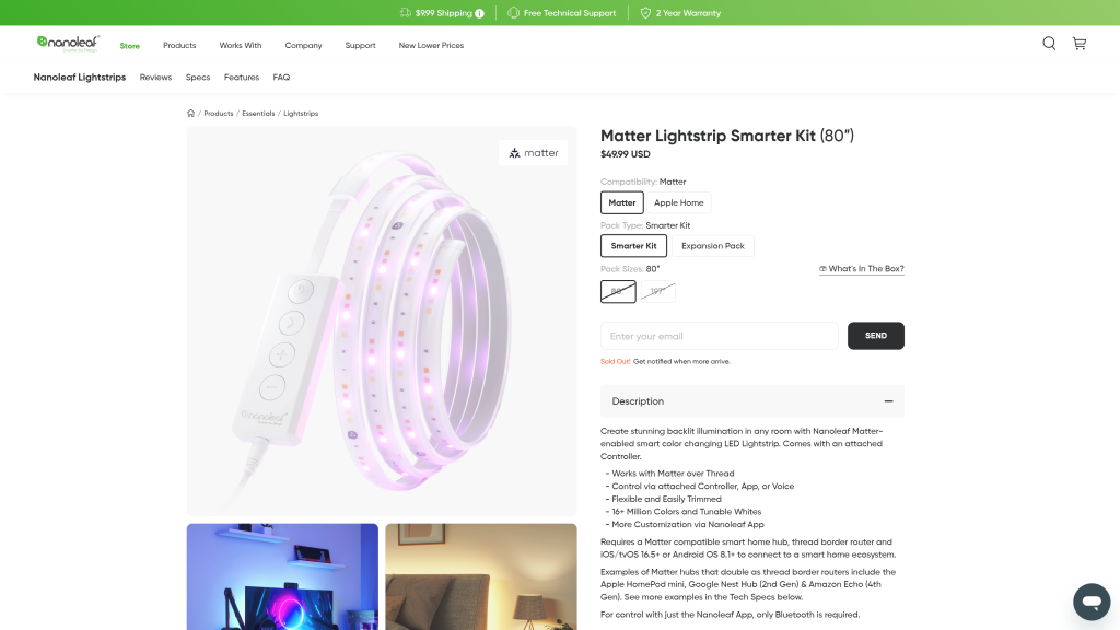 screenshot of the Nanoleaf Essentials Matter Lightstrip homepage