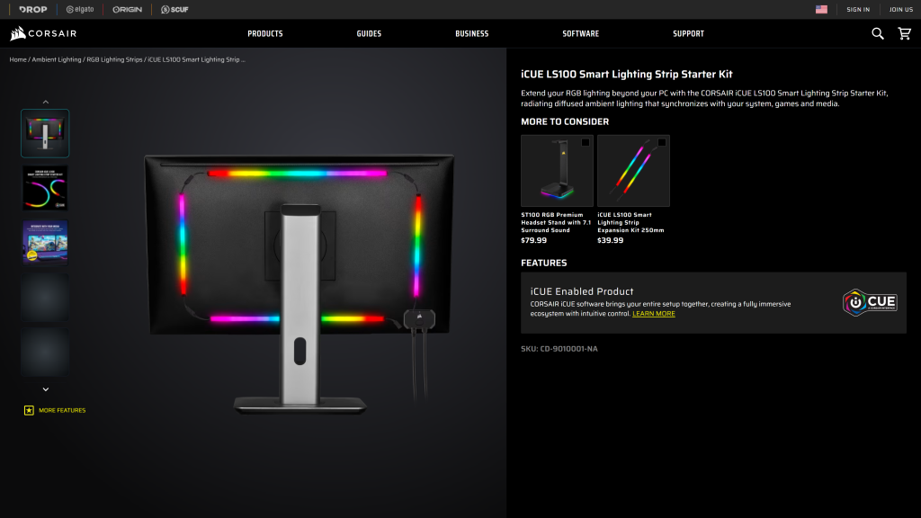 screenshot image of Corsair iCUE Lighting Strips homepage