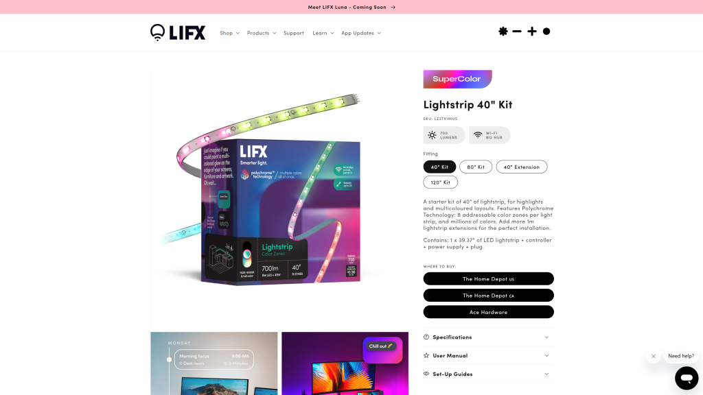 screenshot image of LIFX Lightstrip Color Zones 40” homepage
