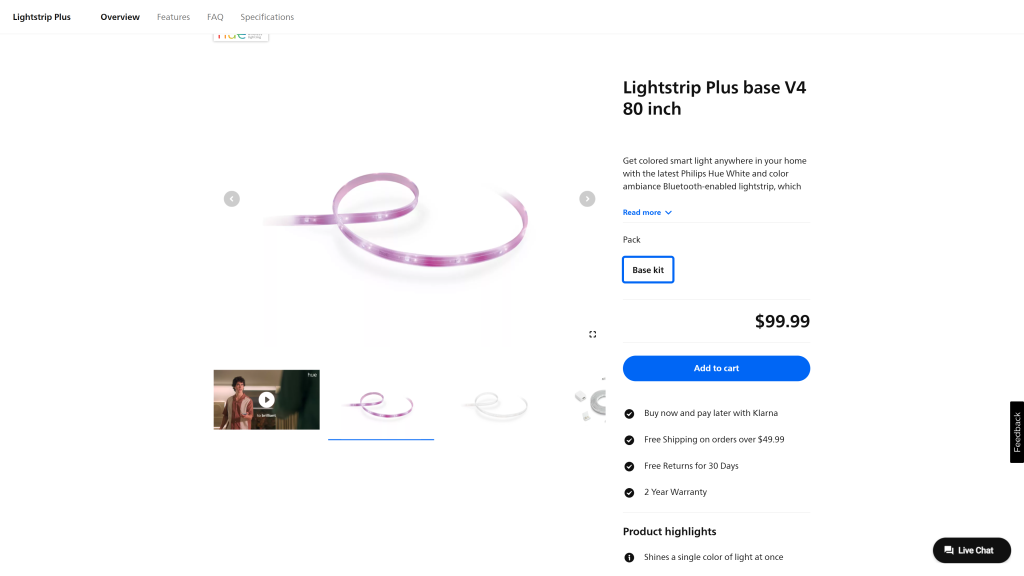 screenshot image of Philips Hue Bluetooth Smart Lightstrip Plus homepage