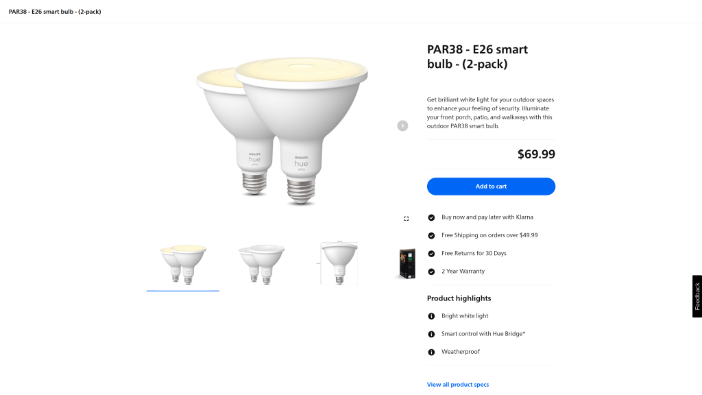 screenshot of the Philips Hue White White Floodlight LED homepage