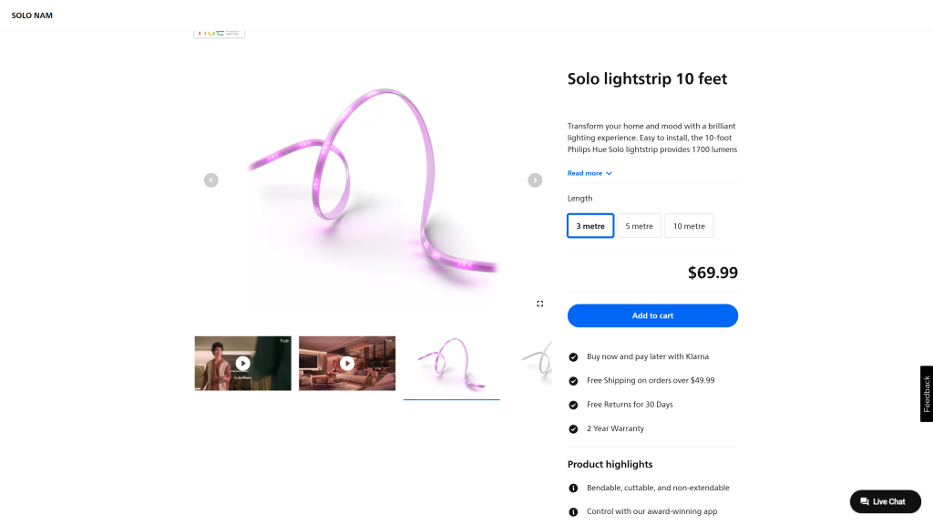 screenshot image of Philips Hue Solo Lightstrip homepage
