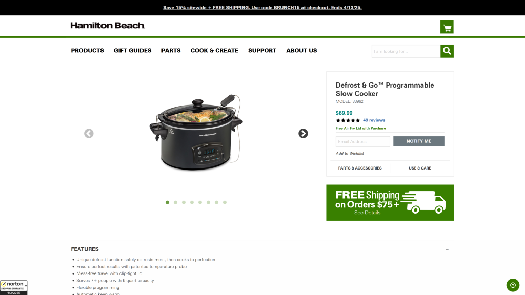 screenshot image of Hamilton Beach Defrost and Go Programmable Slow Cooker wifi enabled slow cooker homepage