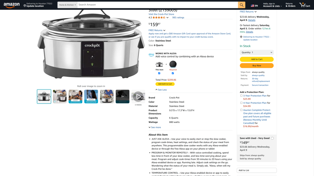 screenshot image of Crock-Pot Programmable Slow (Alexa) wifi enabled slow cooker homepage