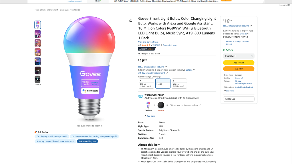 screenshot image of Govee WiFi LED Bulb homepage