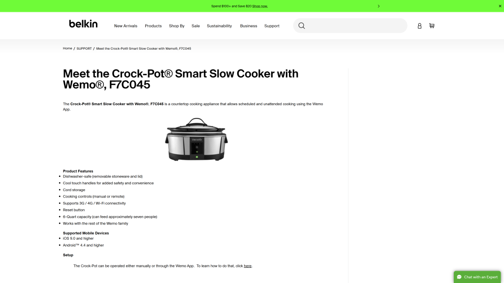 screenshot image of Belkin Crock-Pot Smart homepage
