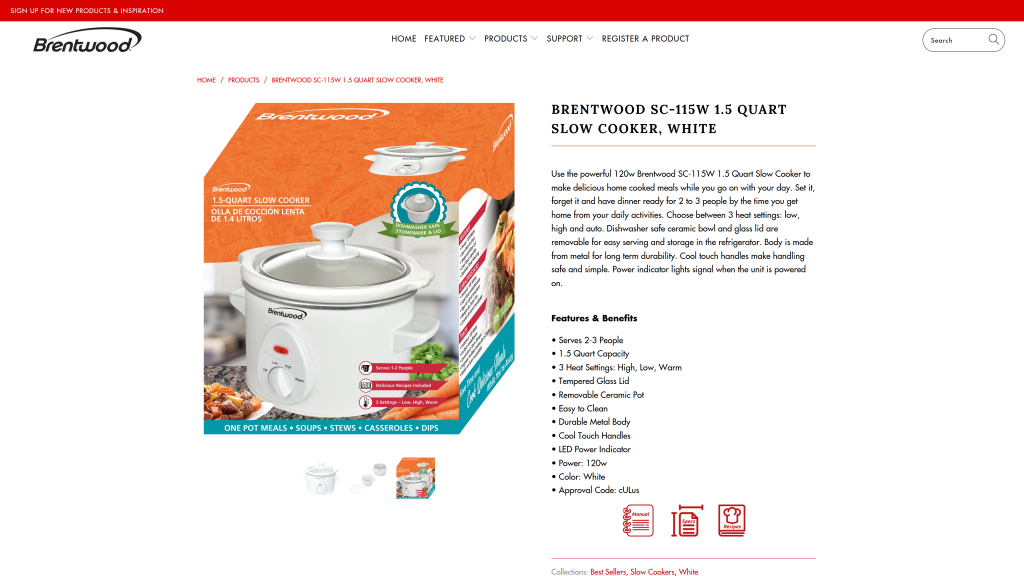 screenshot image of Brentwood 1.5-Quart bluetooth slow cooker homepage