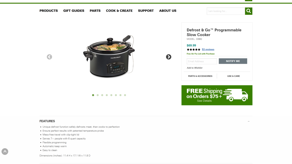 screenshot image ofHamilton Beach Defrost and Go Programmable bluetooth Slow Cooker homepage