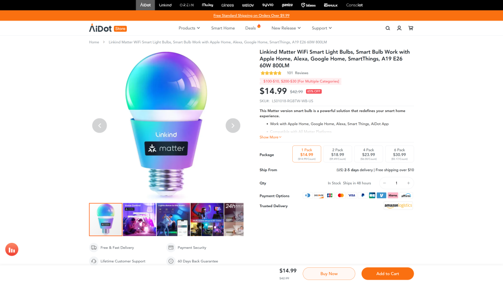 screenshot image of AiDot Linkind Matter Smart Bulb homepage
