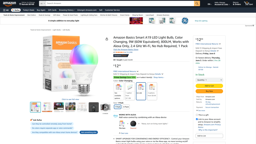 screenshot image of the Amazon Basics Smart A19 LED Light Bulb homepage