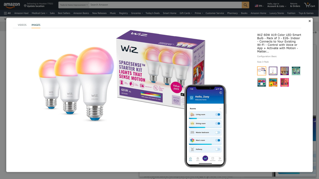 screenshot image of WiZ 60W A19 Color LED cheap light bulbs homepage