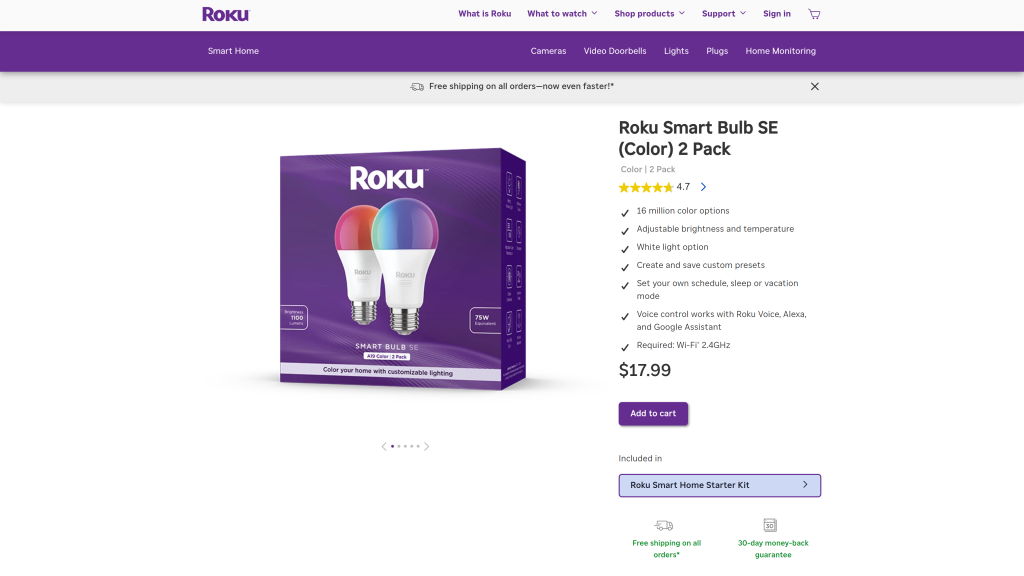 screenshot image of Roku Smart Bulb SE Color homepage