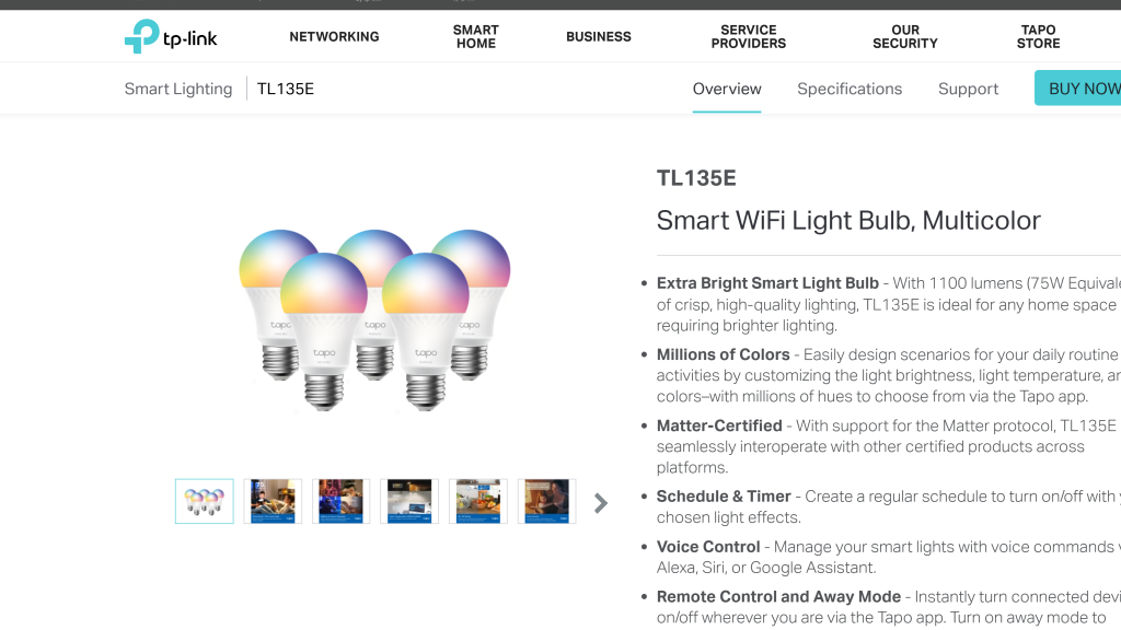 screenshot image of TP-Link Tapo TL135E Smart WiFi Light Bulb homepage