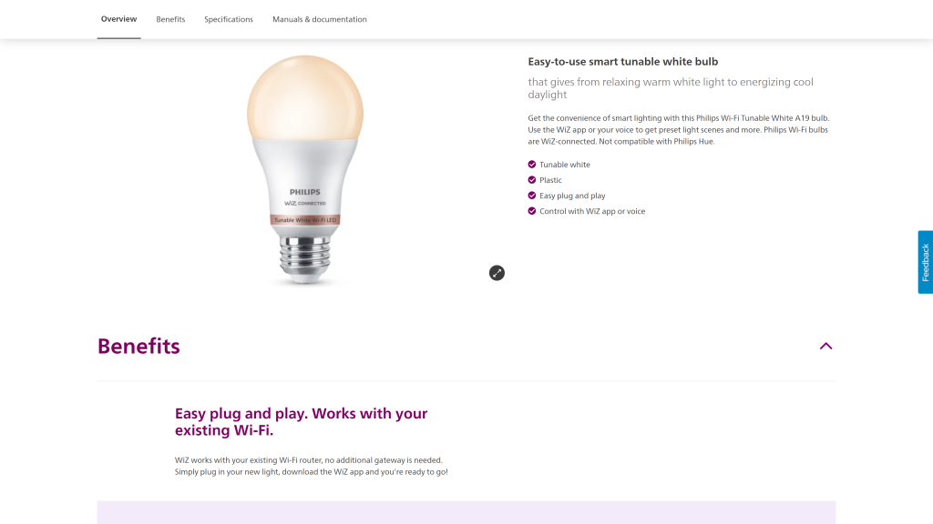 screenshot image of Philips Dimmable A19 Smart Bulb homepage