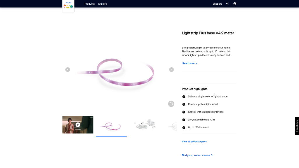 screenshot image of Philips Hue Lightstrip Plus V4 homepage