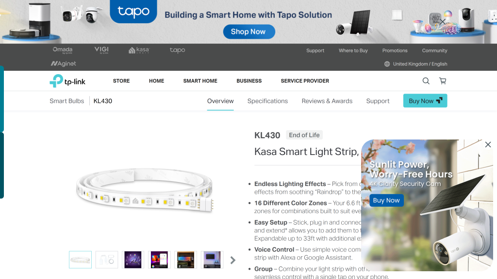 screenshot image of TP-Link Kasa Smart Light Strip KL430 homepage