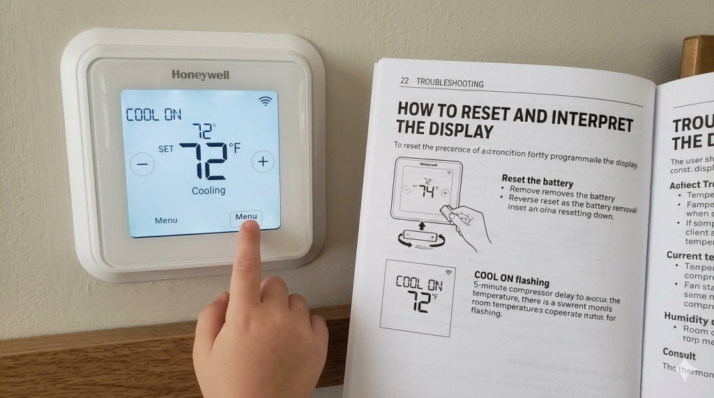 Person adjusting a thermostat display.